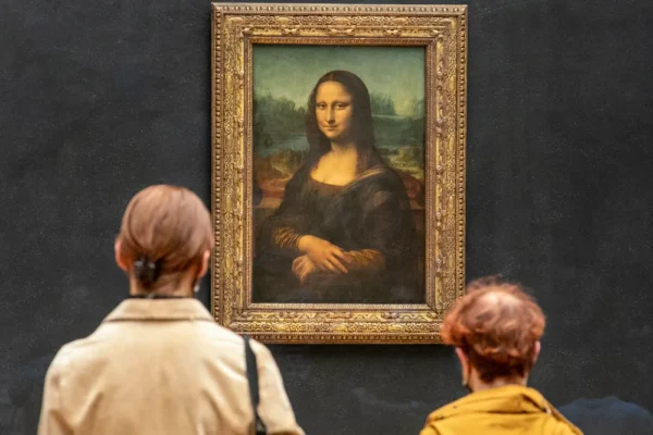 Mona Lisa portrait with mystery overlay, symbolizing theories about who really painted the Mona Lisa